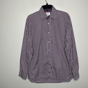 TED BAKER Shirt Mens 15.5 Endurance Purple Striped Floral Trim Dress Classic-Fit